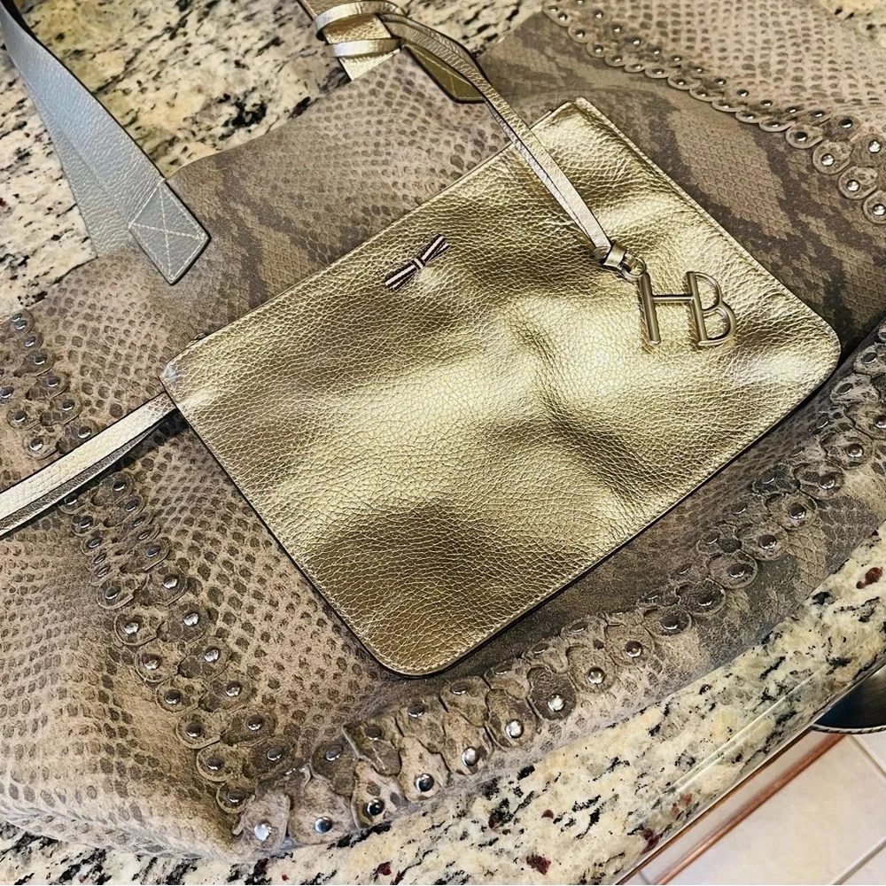 HENRI BENDEL Astrid Reversible Leather Suede Metallic Gold Snakeskin Python Hobo